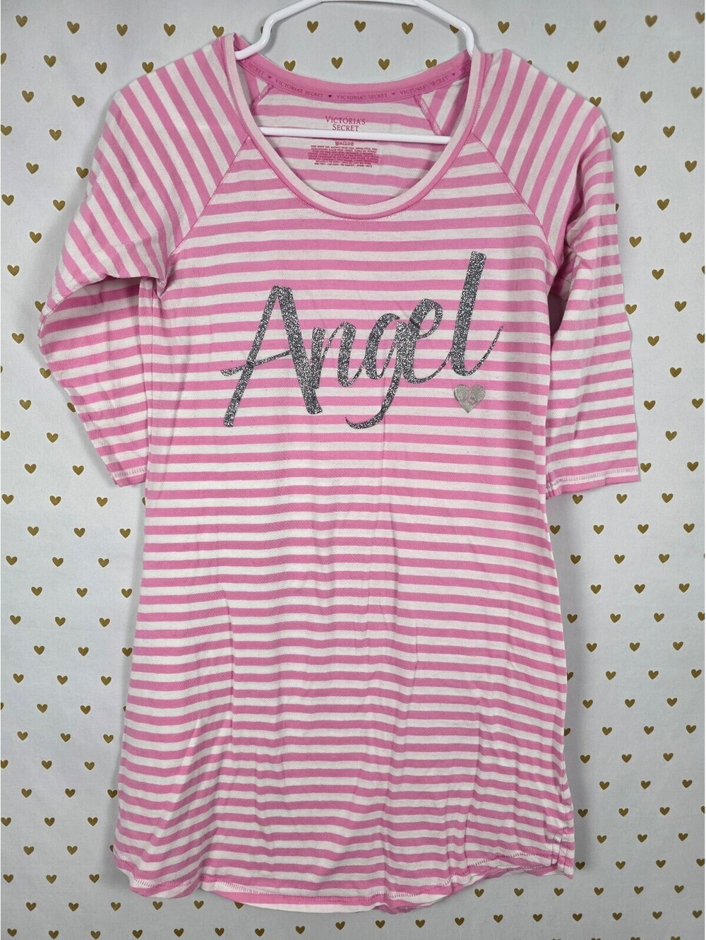 Victorias Secret Striped ANGEL Sleep Shirt Nightgown Pink Glitter Bling SMALL
